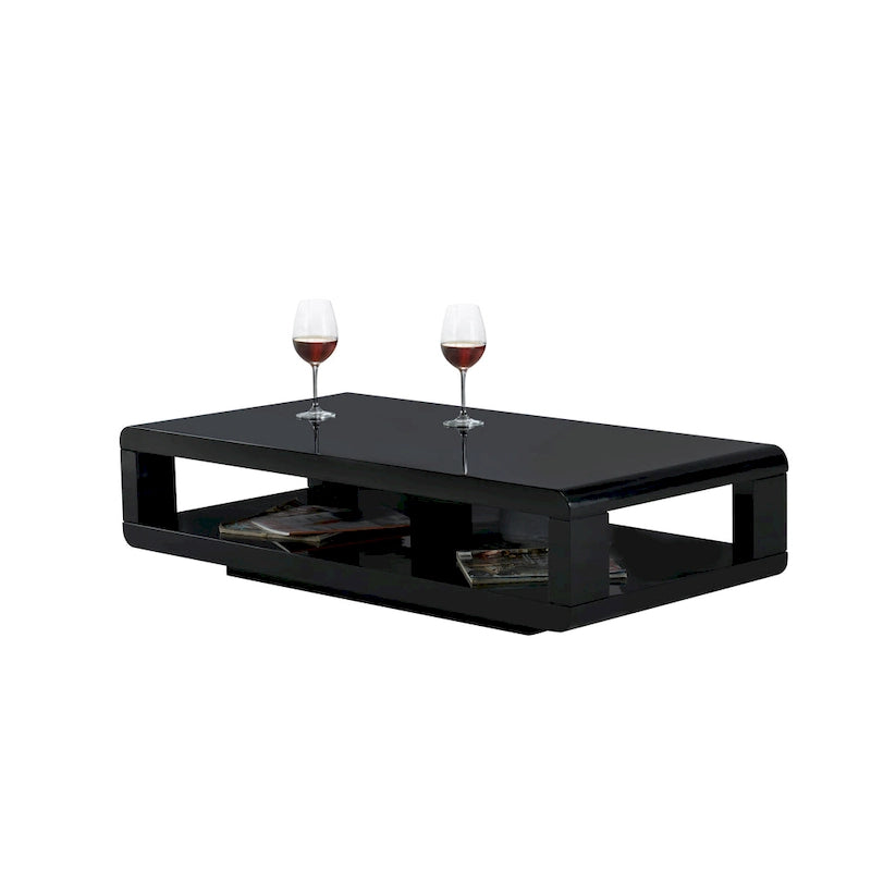 Table basse noire brillante en bois avec étagère de rangement