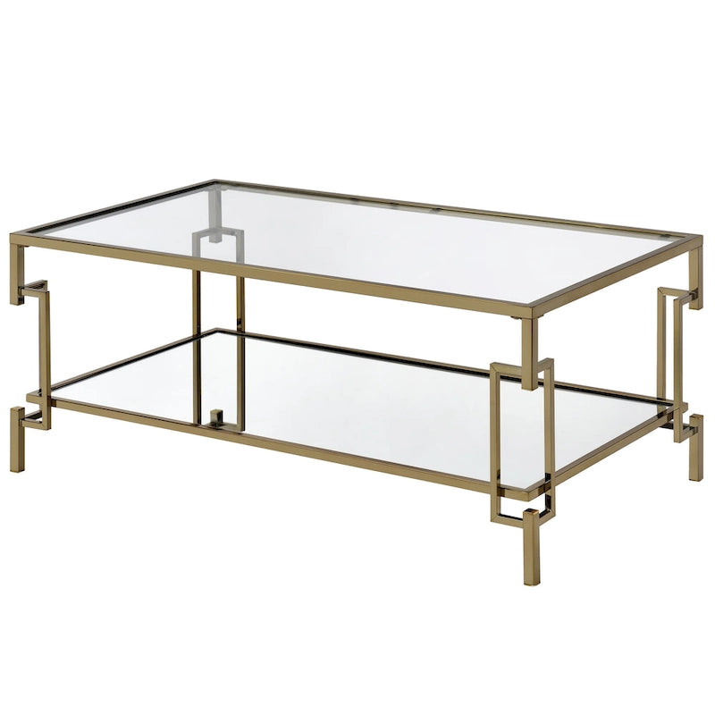 Table basse géométrique à plateau en verre couleur champagne, 1 étagère miroir