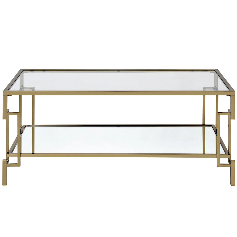 Table basse géométrique à plateau en verre couleur champagne, 1 étagère miroir