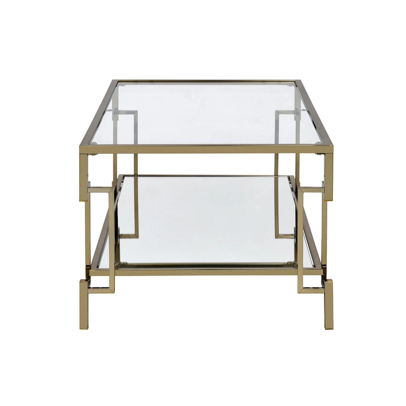 Table basse géométrique à plateau en verre couleur champagne, 1 étagère miroir