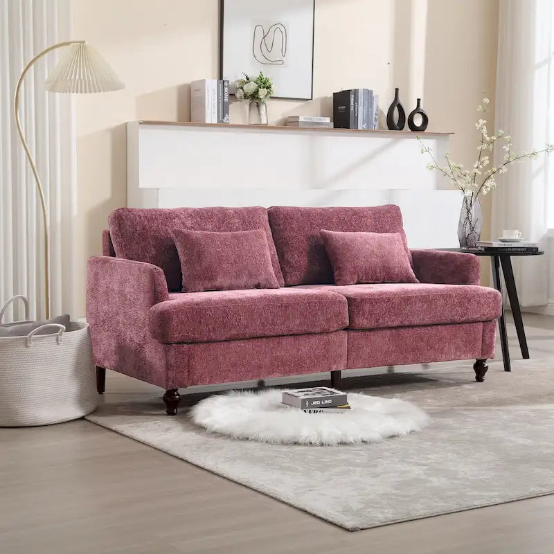 Canapé Loveseat 2 Places Rembourré en Chenille, Style Milieu de Siècle – Émeraude / Gris / Noir / Rose / Beige / Orange