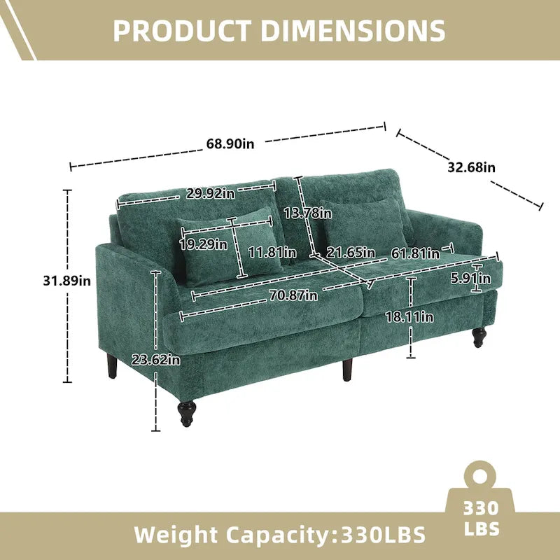 Canapé Loveseat 2 Places Rembourré en Chenille, Style Milieu de Siècle – Émeraude / Gris / Noir / Rose / Beige / Orange