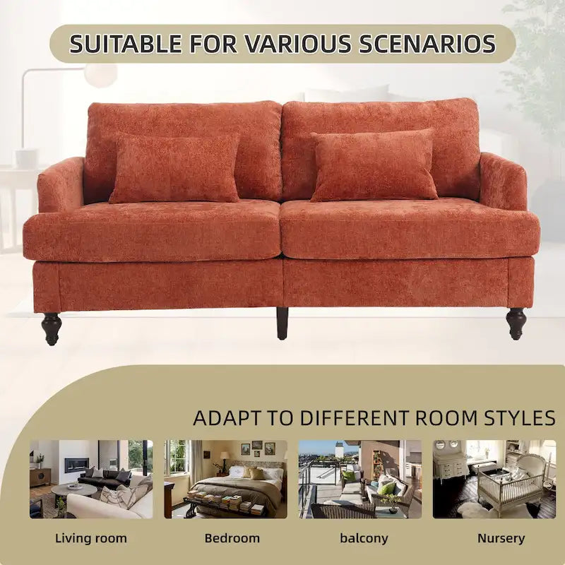 Canapé Loveseat 2 Places Rembourré en Chenille, Style Milieu de Siècle – Émeraude / Gris / Noir / Rose / Beige / Orange