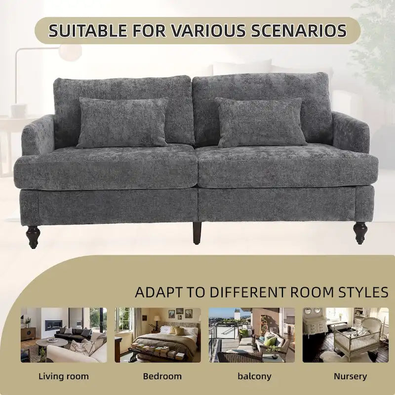 Canapé Loveseat 2 Places Rembourré en Chenille, Style Milieu de Siècle – Émeraude / Gris / Noir / Rose / Beige / Orange
