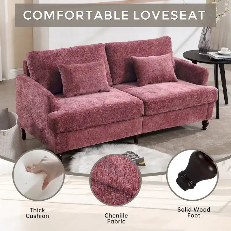Canapé Loveseat 2 Places Rembourré en Chenille, Style Milieu de Siècle – Émeraude / Gris / Noir / Rose / Beige / Orange