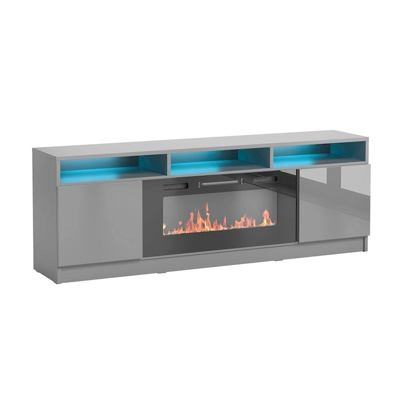 Meuble TV avec cheminée électrique gris/blanc/noir – Style moderne, convient aux téléviseurs jusqu'à 70", foyer 2 personnes