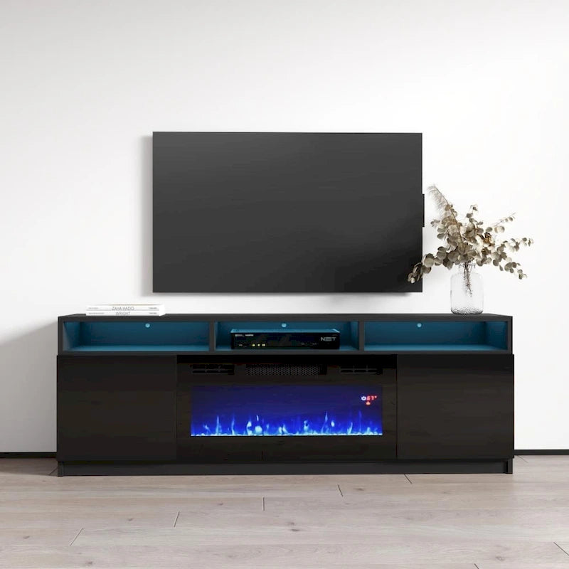 Meuble TV avec cheminée électrique gris/blanc/noir – Style moderne, convient aux téléviseurs jusqu'à 70", foyer 2 personnes