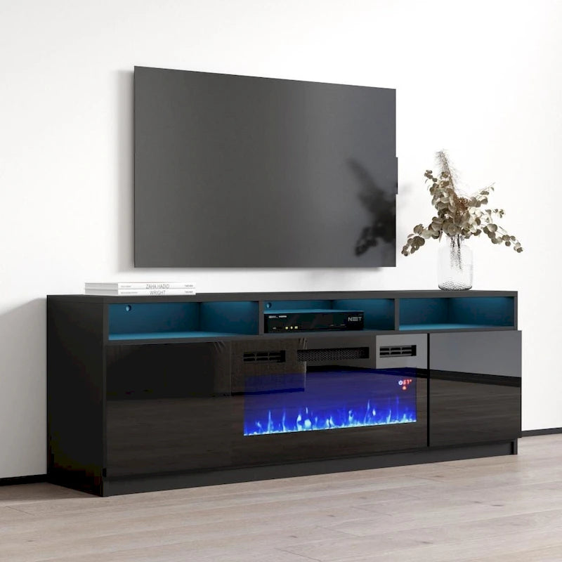 Meuble TV avec cheminée électrique gris/blanc/noir – Style moderne, convient aux téléviseurs jusqu'à 70", foyer 2 personnes