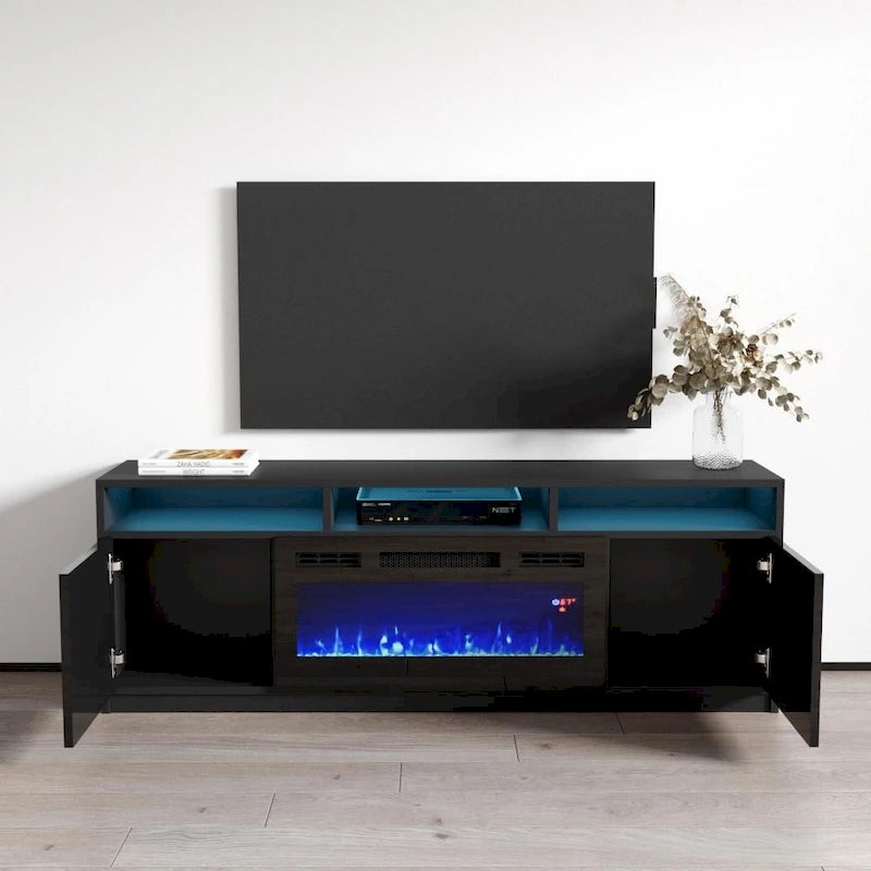 Meuble TV avec cheminée électrique gris/blanc/noir – Style moderne, convient aux téléviseurs jusqu'à 70", foyer 2 personnes
