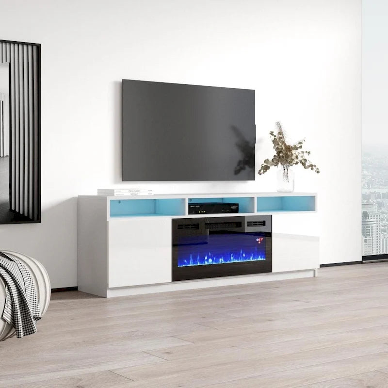 Meuble TV avec cheminée électrique gris/blanc/noir – Style moderne, convient aux téléviseurs jusqu'à 70", foyer 2 personnes