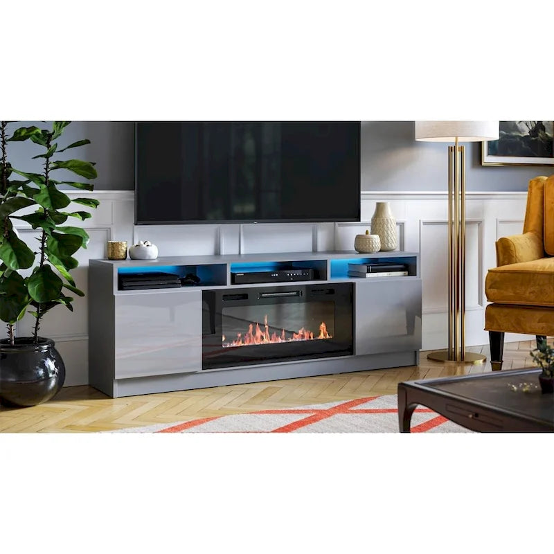 Meuble TV avec cheminée électrique gris/blanc/noir – Style moderne, convient aux téléviseurs jusqu'à 70", foyer 2 personnes
