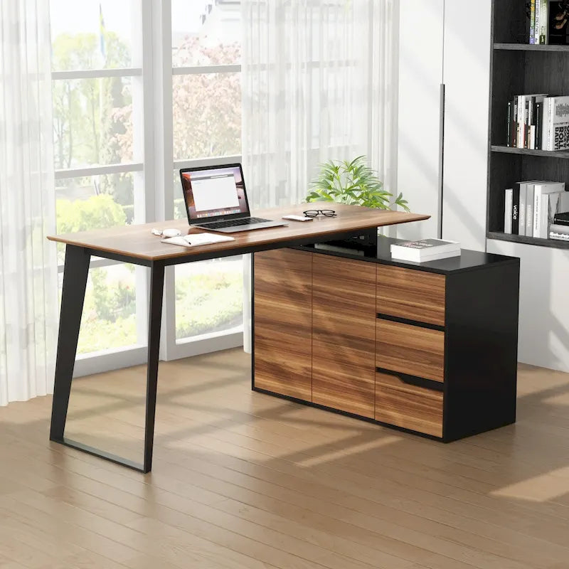 Bureau d'angle en L Marron/Noir et Chêne/Blanc avec tiroirs et armoire, 1 personne