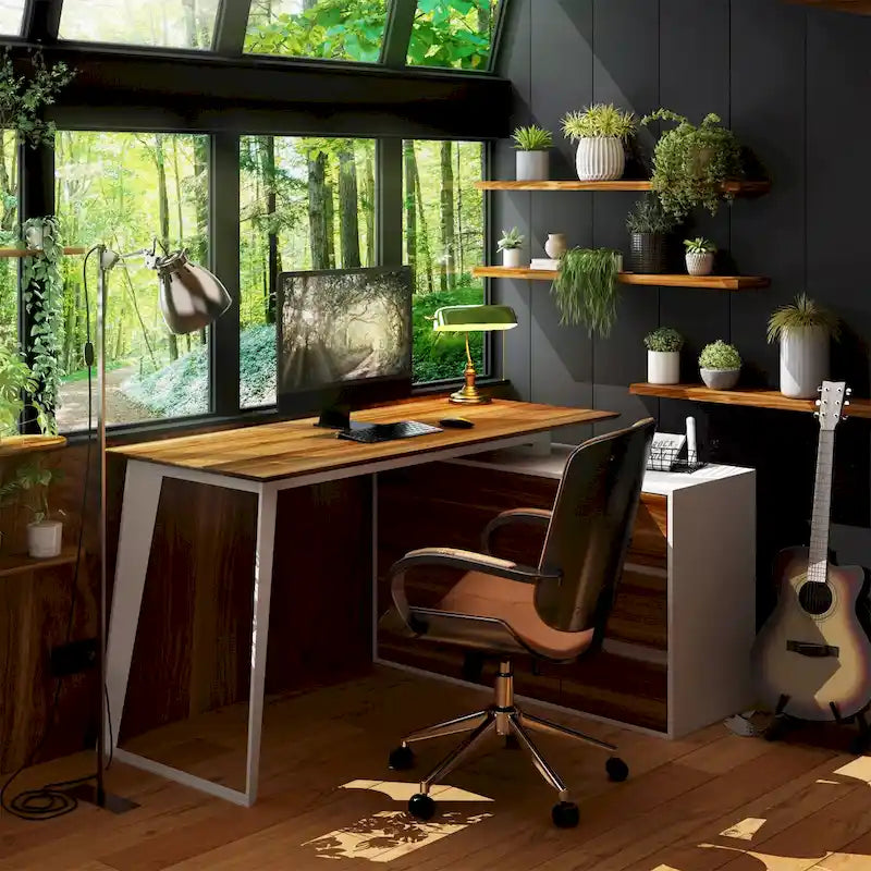 Bureau d'angle en L Marron/Noir et Chêne/Blanc avec tiroirs et armoire, 1 personne