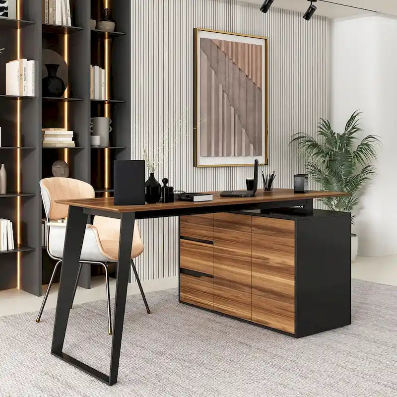 Bureau d'angle en L Marron/Noir et Chêne/Blanc avec tiroirs et armoire, 1 personne