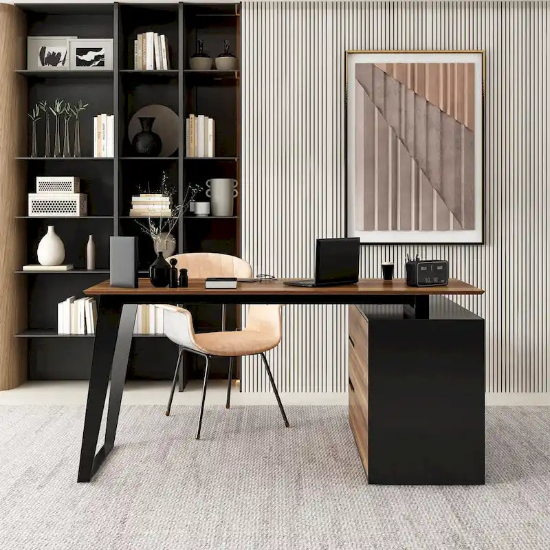 Bureau d'angle en L Marron/Noir et Chêne/Blanc avec tiroirs et armoire, 1 personne
