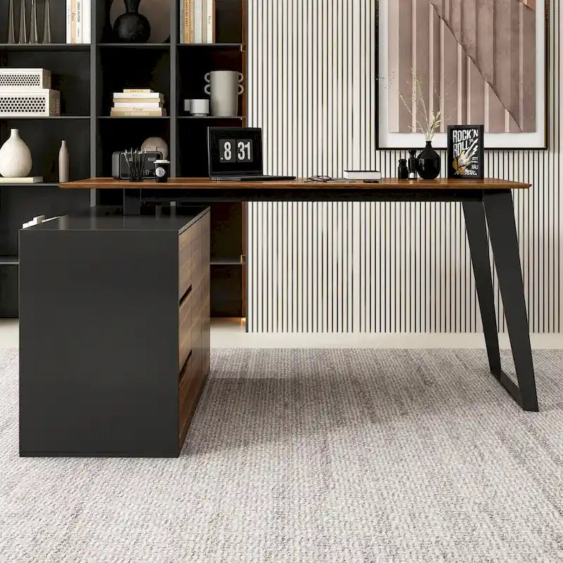 Bureau d'angle en L Marron/Noir et Chêne/Blanc avec tiroirs et armoire, 1 personne