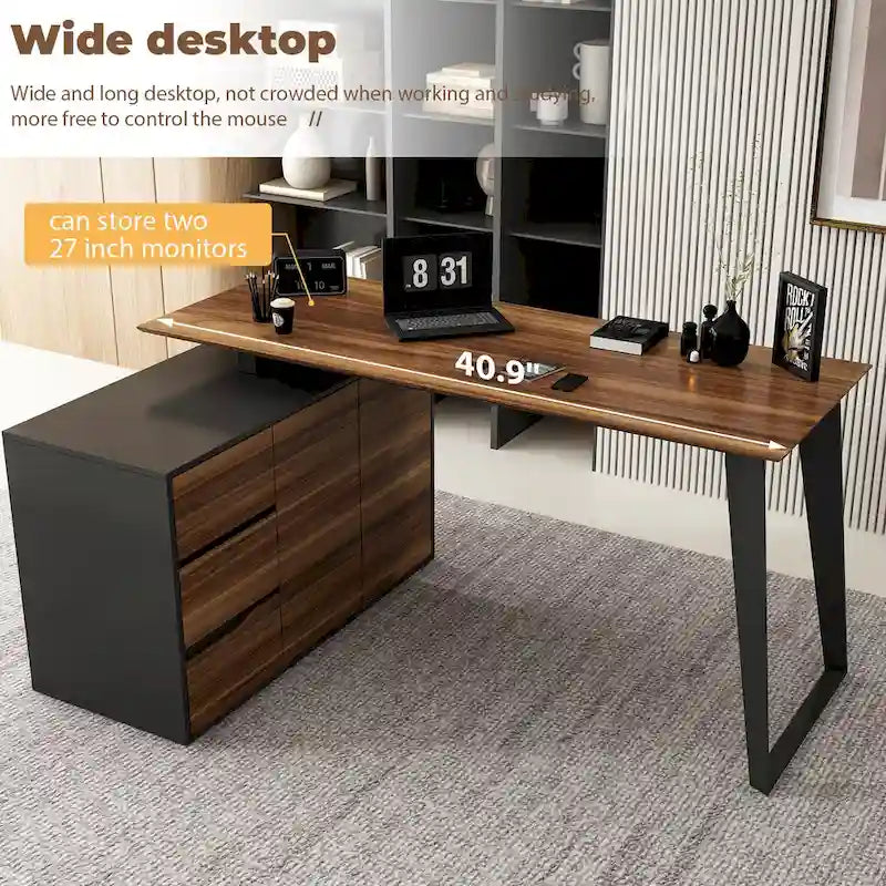 Bureau d'angle en L Marron/Noir et Chêne/Blanc avec tiroirs et armoire, 1 personne