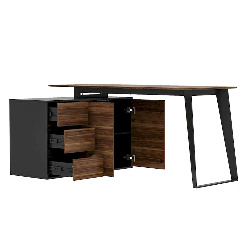 Bureau d'angle en L Marron/Noir et Chêne/Blanc avec tiroirs et armoire, 1 personne