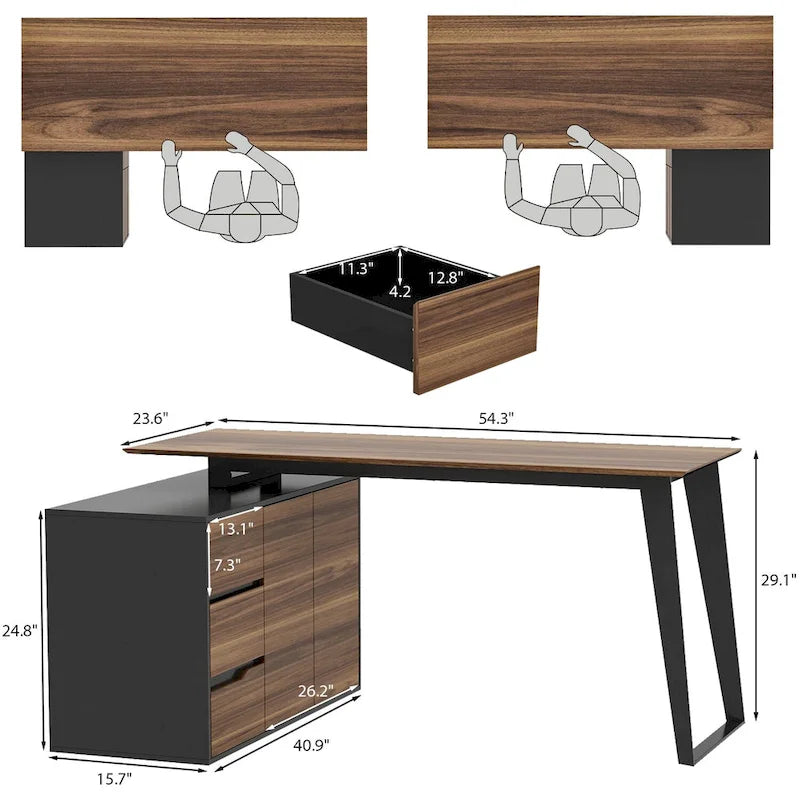 Bureau d'angle en L Marron/Noir et Chêne/Blanc avec tiroirs et armoire, 1 personne