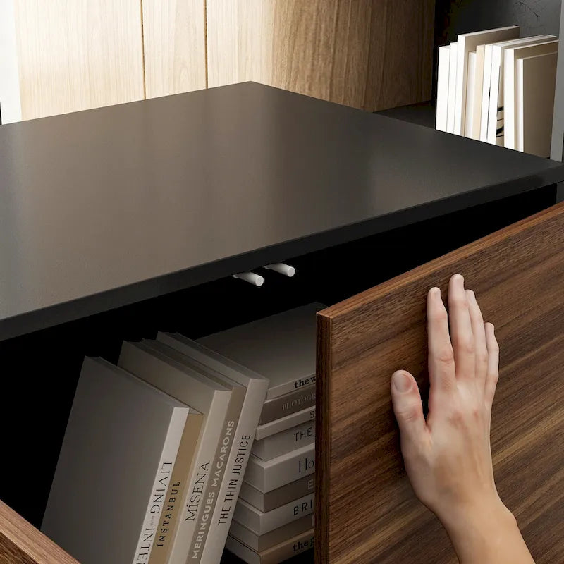 Bureau d'angle en L Marron/Noir et Chêne/Blanc avec tiroirs et armoire, 1 personne