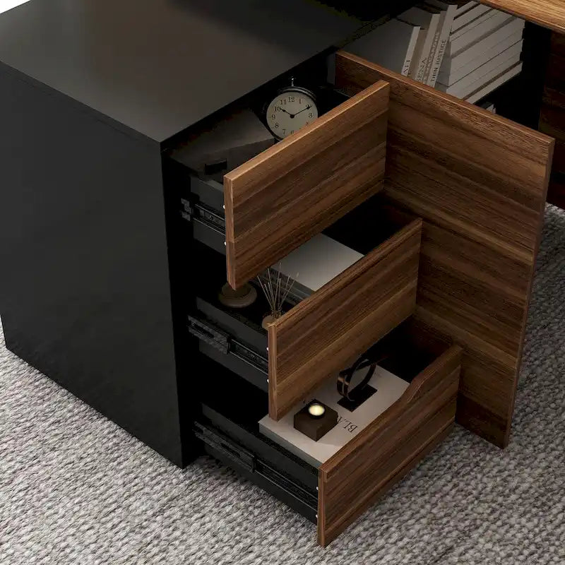 Bureau d'angle en L Marron/Noir et Chêne/Blanc avec tiroirs et armoire, 1 personne