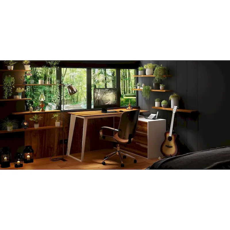 Bureau d'angle en L Marron/Noir et Chêne/Blanc avec tiroirs et armoire, 1 personne