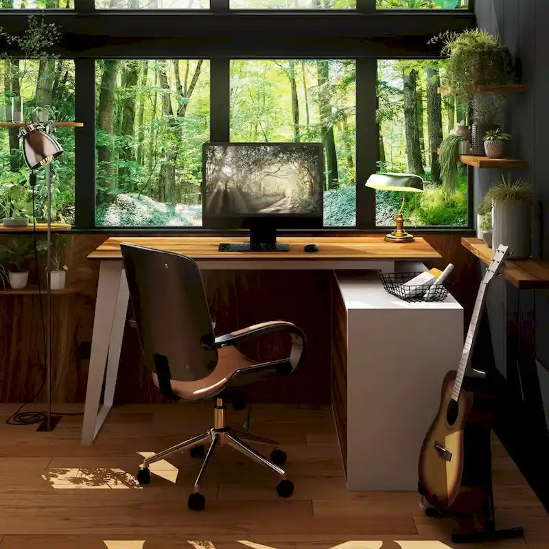 Bureau d'angle en L Marron/Noir et Chêne/Blanc avec tiroirs et armoire, 1 personne