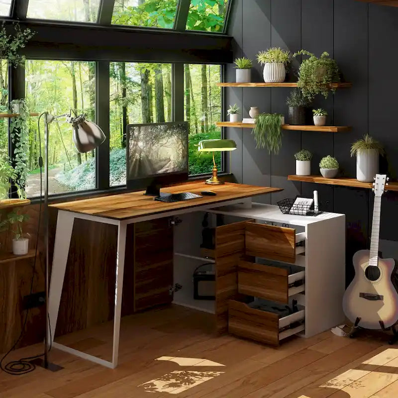 Bureau d'angle en L Marron/Noir et Chêne/Blanc avec tiroirs et armoire, 1 personne