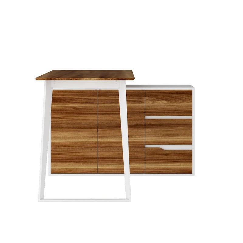 Bureau d'angle en L Marron/Noir et Chêne/Blanc avec tiroirs et armoire, 1 personne