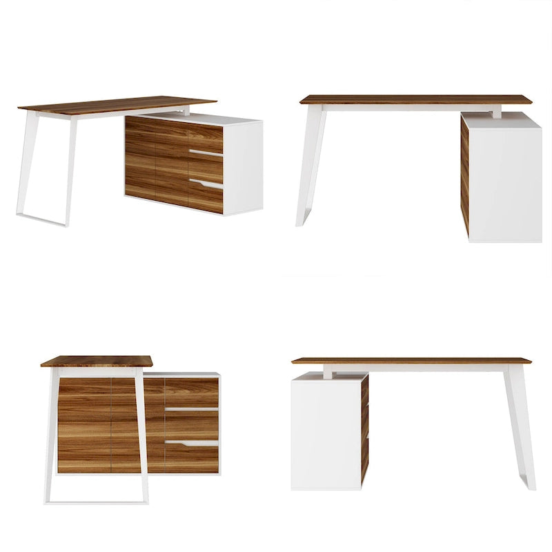 Bureau d'angle en L Marron/Noir et Chêne/Blanc avec tiroirs et armoire, 1 personne