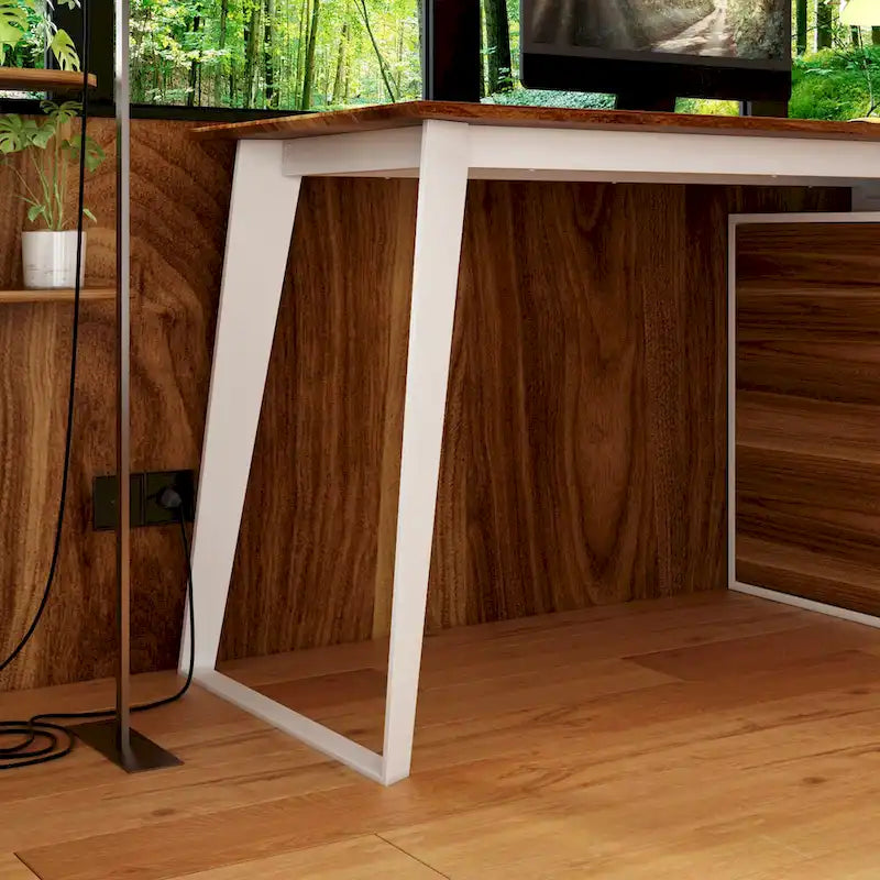 Bureau d'angle en L Marron/Noir et Chêne/Blanc avec tiroirs et armoire, 1 personne