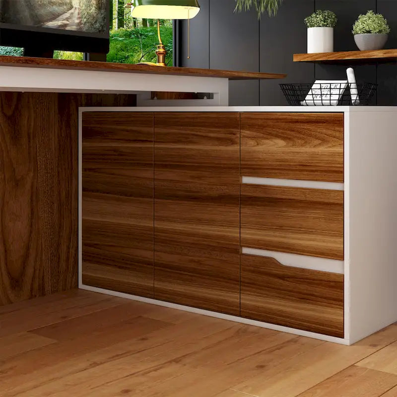 Bureau d'angle en L Marron/Noir et Chêne/Blanc avec tiroirs et armoire, 1 personne