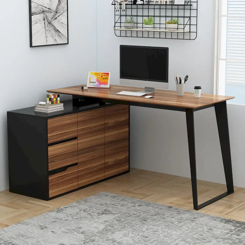 Bureau d'angle en L Marron/Noir et Chêne/Blanc avec tiroirs et armoire, 1 personne