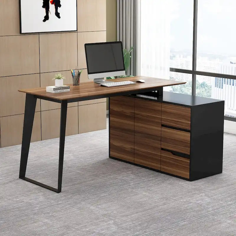 Bureau d'angle en L Marron/Noir et Chêne/Blanc avec tiroirs et armoire, 1 personne