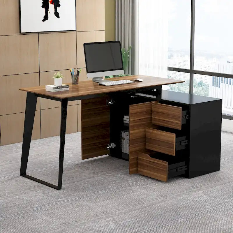 Bureau d'angle en L Marron/Noir et Chêne/Blanc avec tiroirs et armoire, 1 personne
