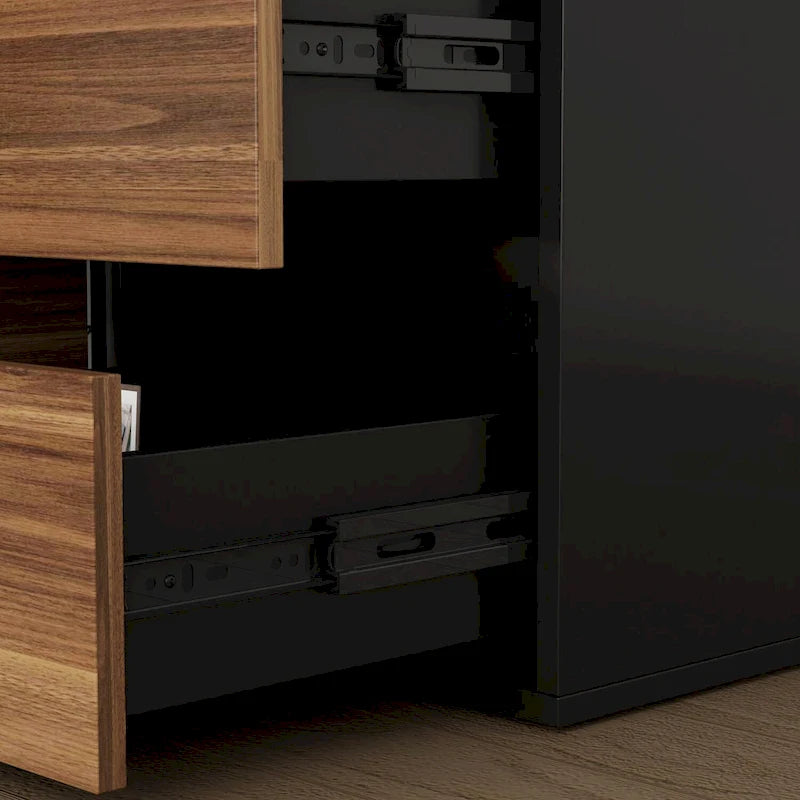 Bureau d'angle en L Marron/Noir et Chêne/Blanc avec tiroirs et armoire, 1 personne