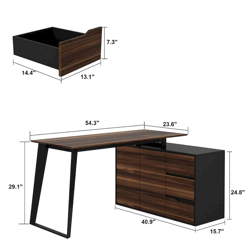 Bureau d'angle en L Marron/Noir et Chêne/Blanc avec tiroirs et armoire, 1 personne