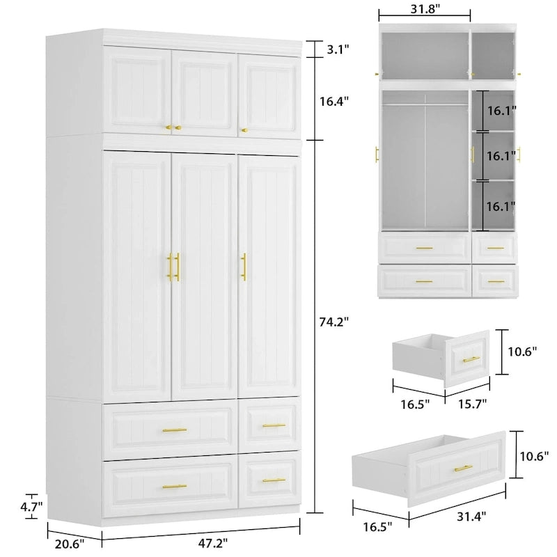 Armoire-penderie moderne autoportante meuble de rangement haut blanc - H93,7
