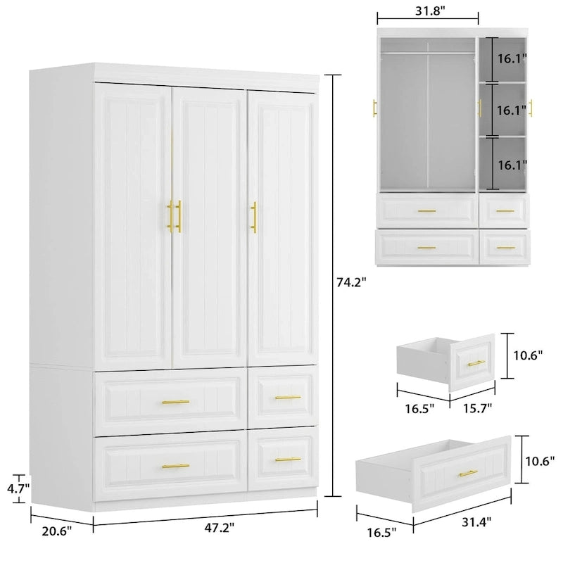 Armoire-penderie moderne autoportante meuble de rangement haut blanc - H93,7