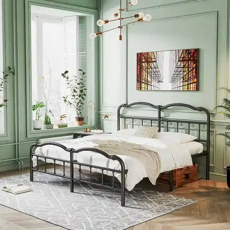 Cadre de lit en métal noir, tête et pied de lit ondulés, 1 à 2 personnes