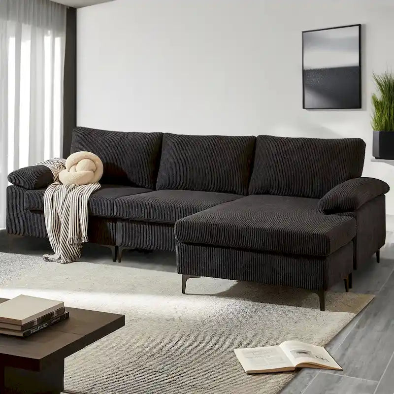 Canapé d'angle en velours côtelé noir / camel / gris avec pouf, réversible, 3 places
