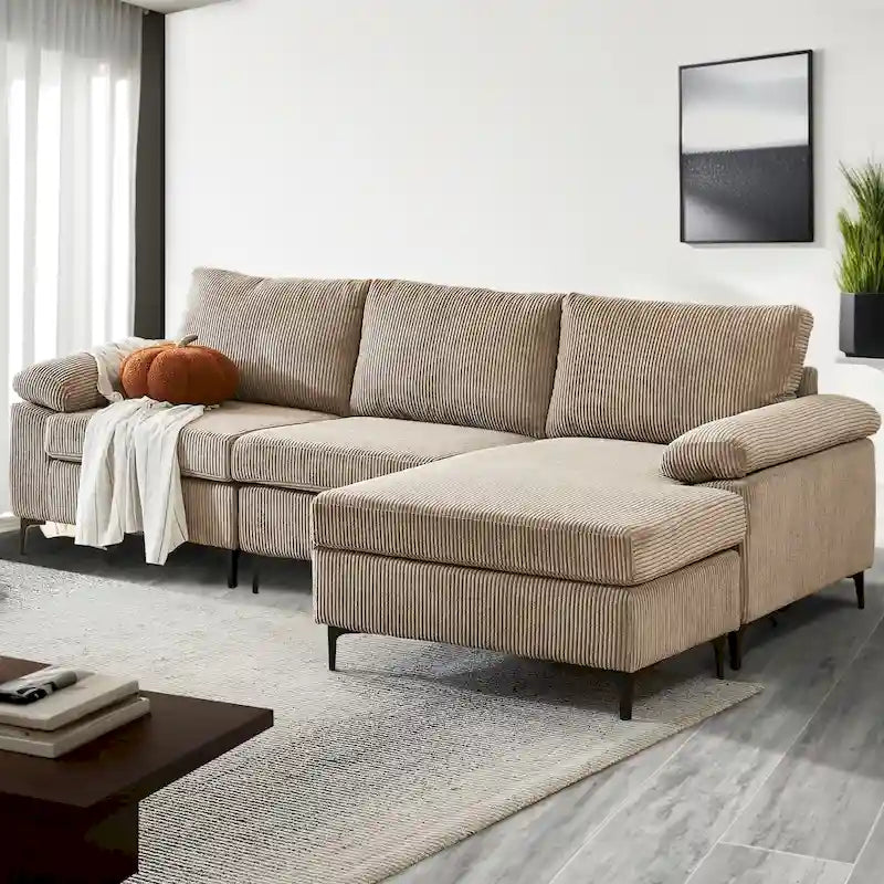 Canapé d'angle en velours côtelé noir / camel / gris avec pouf, réversible, 3 places