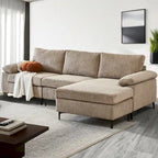 Canapé d'angle en velours côtelé noir / camel / gris avec pouf, réversible, 3 places