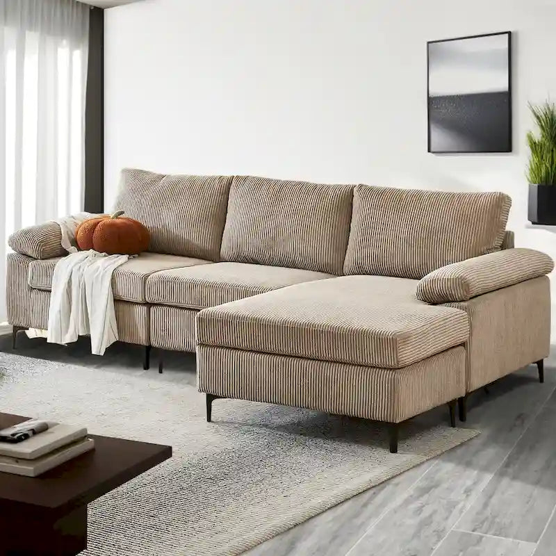 Canapé d'angle en velours côtelé noir / camel / gris avec pouf, réversible, 3 places