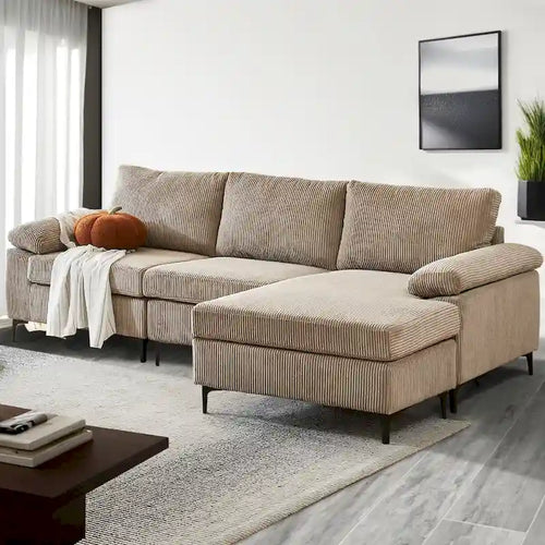 Canapé d'angle en velours côtelé noir / camel / gris avec pouf, réversible, 3 places