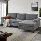 Canapé d'angle en velours côtelé noir / camel / gris avec pouf, réversible, 3 places