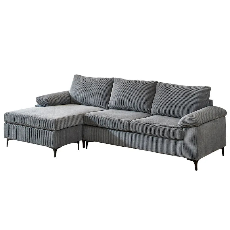 Canapé d'angle en velours côtelé noir / camel / gris avec pouf, réversible, 3 places