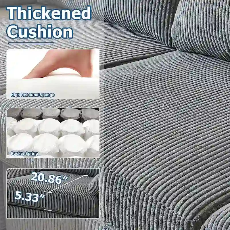 Canapé d'angle en velours côtelé noir / camel / gris avec pouf, réversible, 3 places
