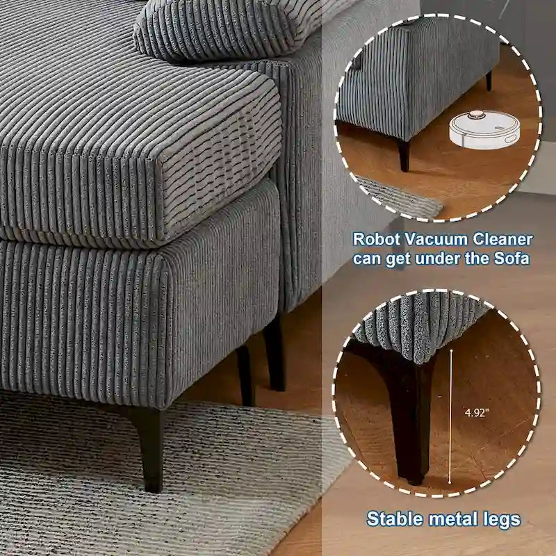 Canapé d'angle en velours côtelé noir / camel / gris avec pouf, réversible, 3 places