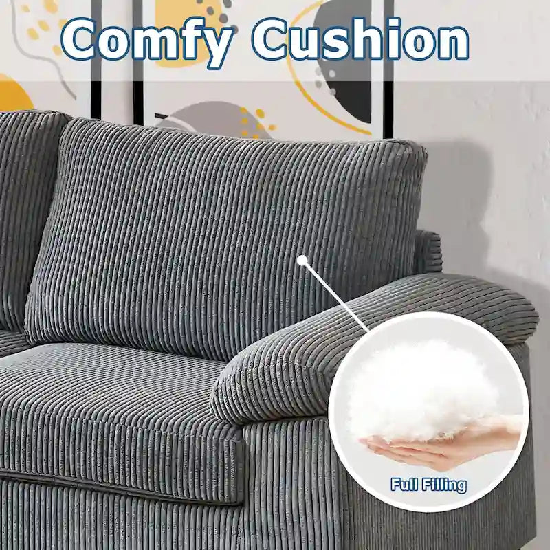 Canapé d'angle en velours côtelé noir / camel / gris avec pouf, réversible, 3 places